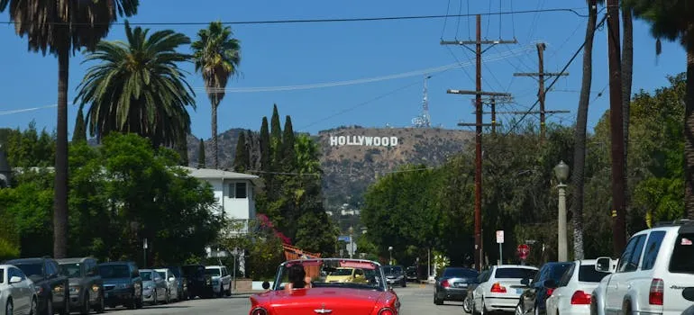 A red car on the road