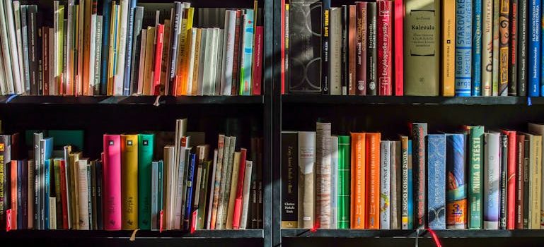 Books on the wooden shelf