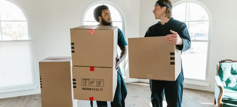 Two movers holding moving boxes 