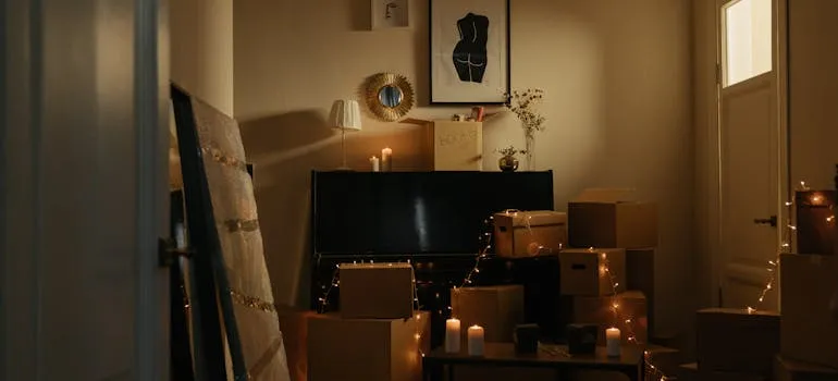 Moving boxes next to the piano