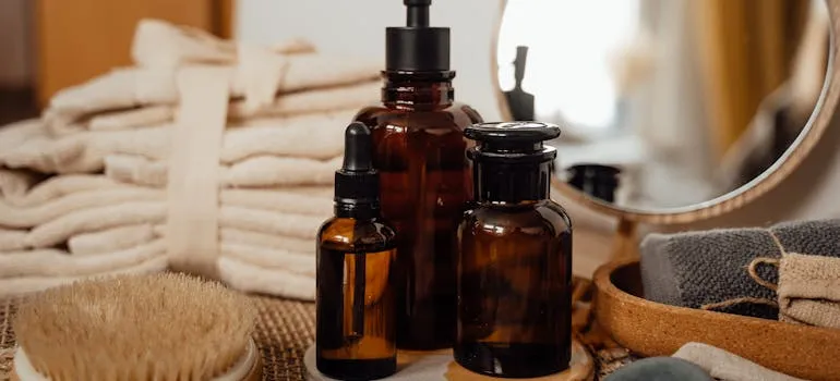 Toiletries next to the mirror