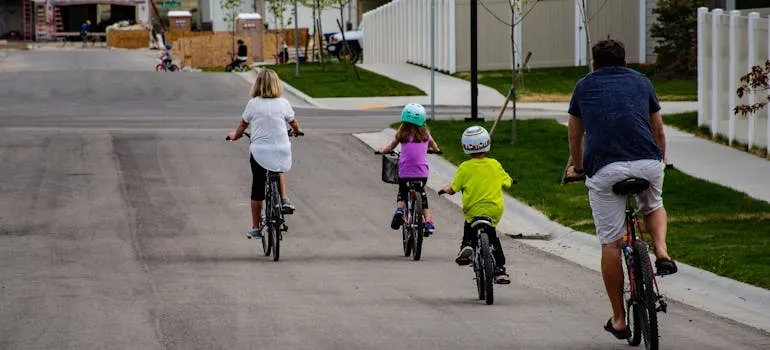 A family riding on bicycles 