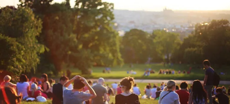 People in the park talking about reasons people are moving to Arlington
